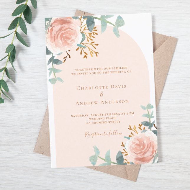 Rose gold floral greenery arch luxury wedding invitation (Creator Uploaded)