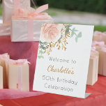 Rose gold floral greenery birthday party welcome pedestal sign<br><div class="desc">A stylish white background decorated with a rose gold and blush pink watercolored floral,  flower,  eucalyptus greenery,  golden sprigs.   Personalise and add a name and age.</div>