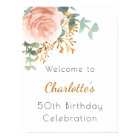 Rose gold floral greenery birthday party welcome