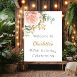 Rose gold floral greenery birthday party welcome poster<br><div class="desc">A stylish white background decorated with a rose gold and blush pink watercolored floral,  flower,  eucalyptus greenery,  golden sprigs.   Personalise and add a name and age.</div>