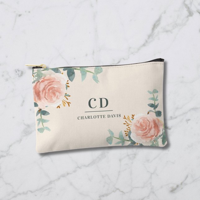 Rose gold floral greenery cream name monogram accessory pouch (Creator Uploaded)