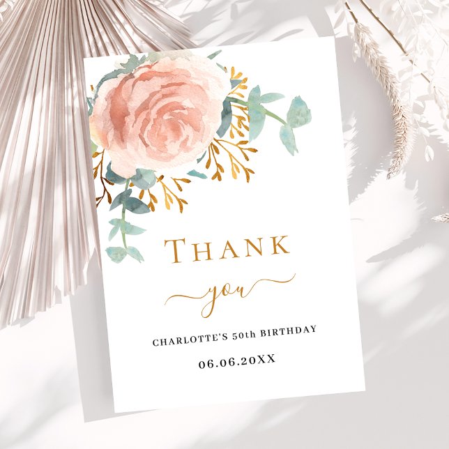 Rose gold floral greenery elegant birthday thank you card (Creator Uploaded)
