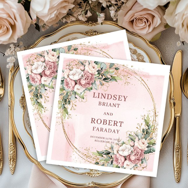 Rose Gold Floral Greenery Gold Glitter Wedding  Napkin (Rose Gold Floral Greenery Gold Glitter Wedding Napkins)