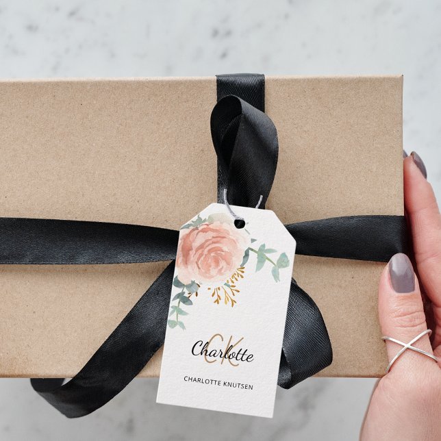 Rose gold floral greenery monogram business tag (Creator Uploaded)