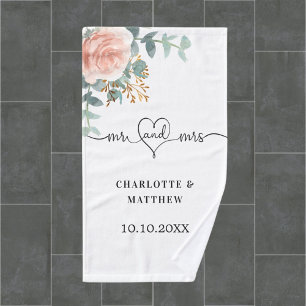 Rose gold floral greenery mr mrs heart wedding bath towel set