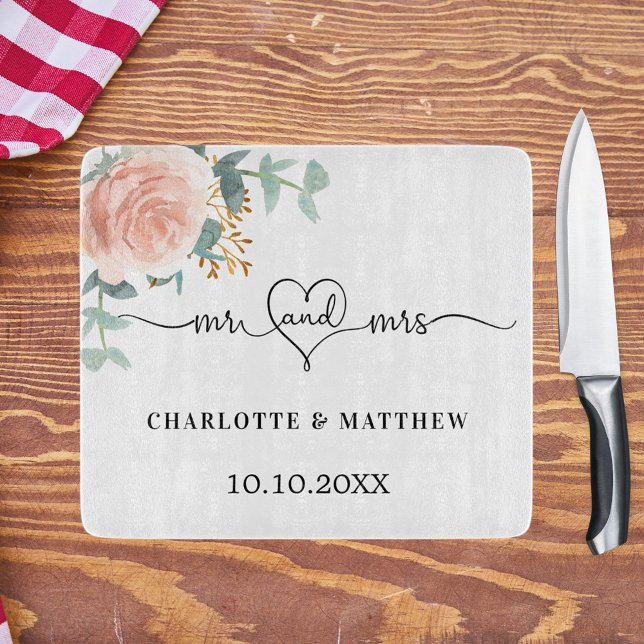 Rose gold floral greenery mr mrs heart wedding cutting board (Creator Uploaded)