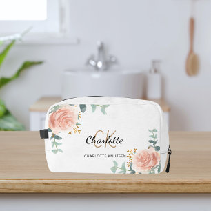 Rose gold floral greenery name monogram dopp kit