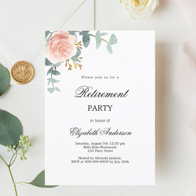Rose gold floral greenery retirement party invitation (Creator Uploaded)