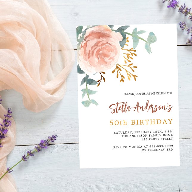 Rose gold floral greenery script birthday invitation postcard (Creator Uploaded)