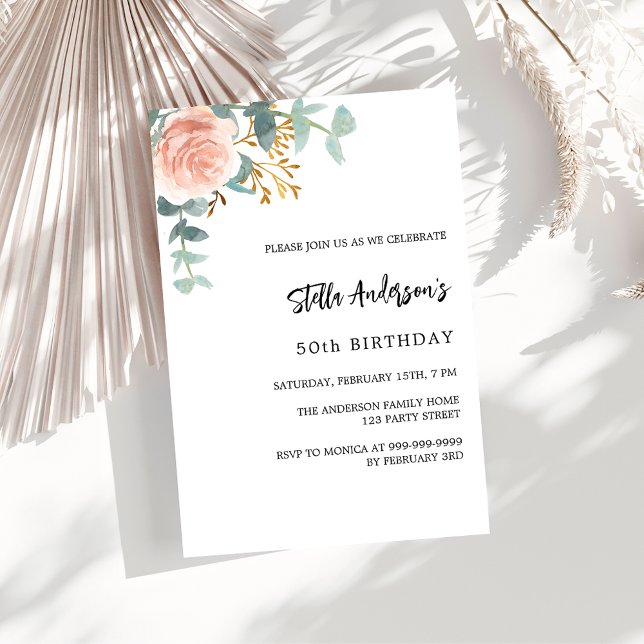Rose gold floral greenery script birthday invitation postcard (Creator Uploaded)