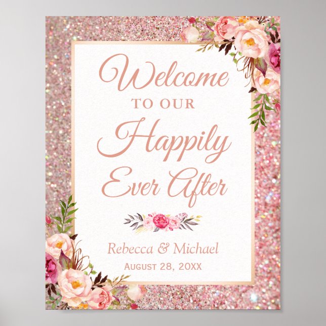 Rose Gold Floral Happily Ever After Wedding Sign (Front)