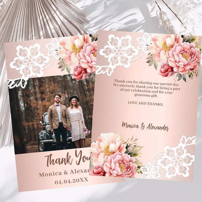 Rose gold floral lace wedding photo thank you card (Creator Uploaded)