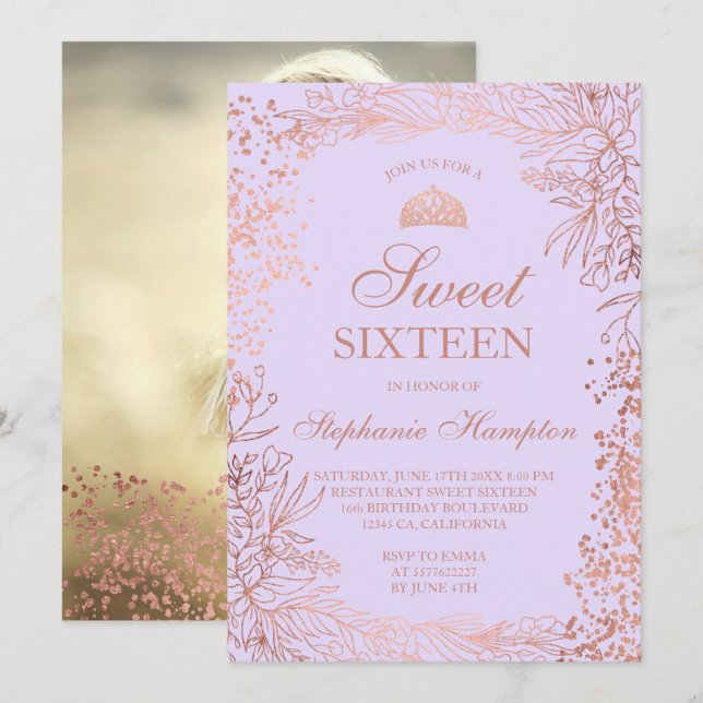 Rose gold floral lavender Tiara chic Sweet 16 Invitation (Front/Back)