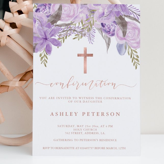 Rose gold floral lavender watercolor confirmation invitation (Creator Uploaded)