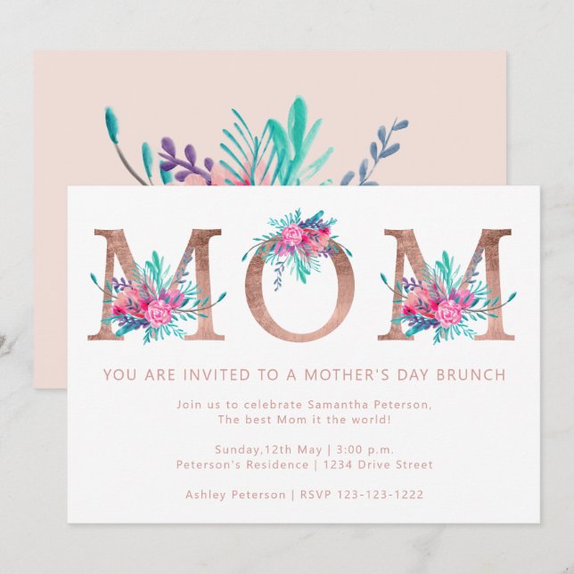 Rose gold floral letter Mum blush pink mothers day Invitation (Front/Back)