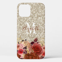 Rose Gold Floral Light Gold Glitter Monogram