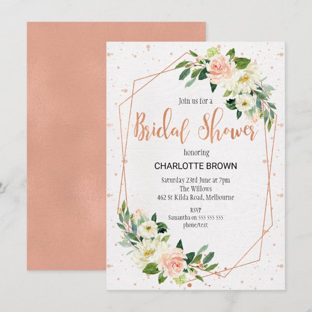 Rose Gold Floral Line Art Bridal Shower Invitation (Front/Back)