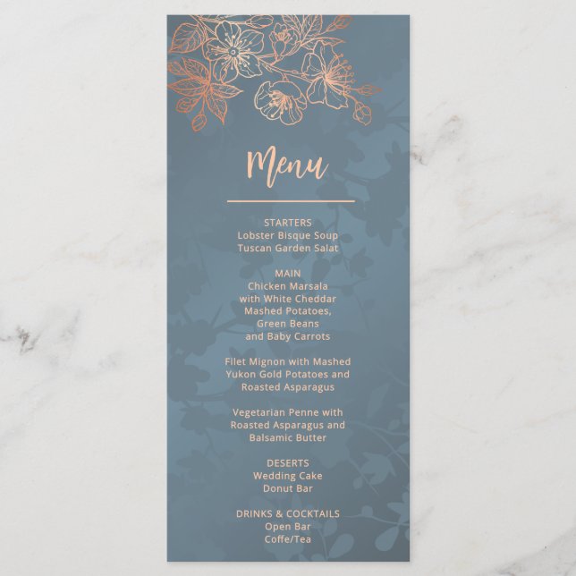 Rose Gold Floral Line Art Wedding Menu (Front)