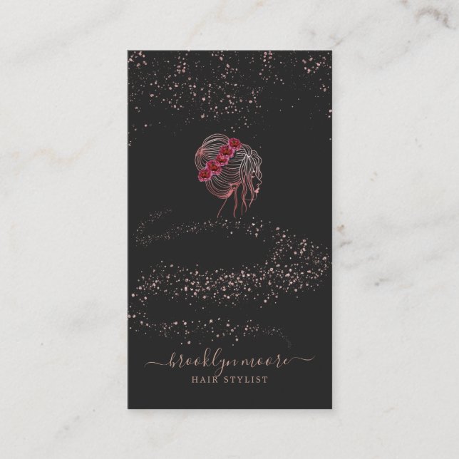 Rose Gold Floral Logo Hair Stylist | Elegant Business Card (Front)
