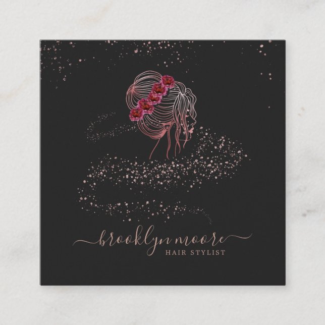 Rose Gold Floral Logo Hair Stylist | Elegant Square Business Card (Front)