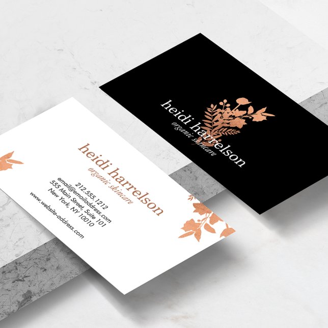 Rose Gold Floral Logo on Black Business Card (Creator Uploaded)