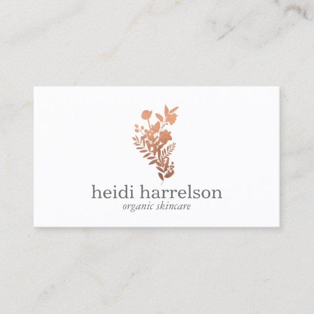 Rose Gold Floral Logo on White Business Card (Front)
