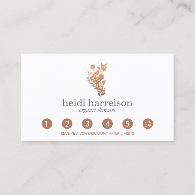 Rose Gold Floral Logo on White Salon Loyalty Card (Front)