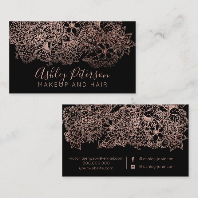 Rose gold floral makeup hair typography business card (Front/Back)