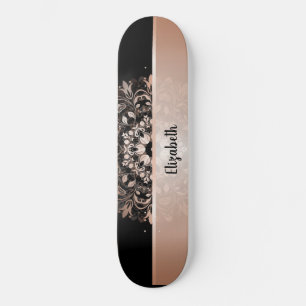 Rose Gold Floral Mandala Add Name Black Skateboard