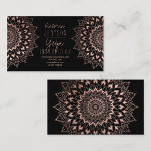 Rose gold floral mandala black yoga instructor business card
