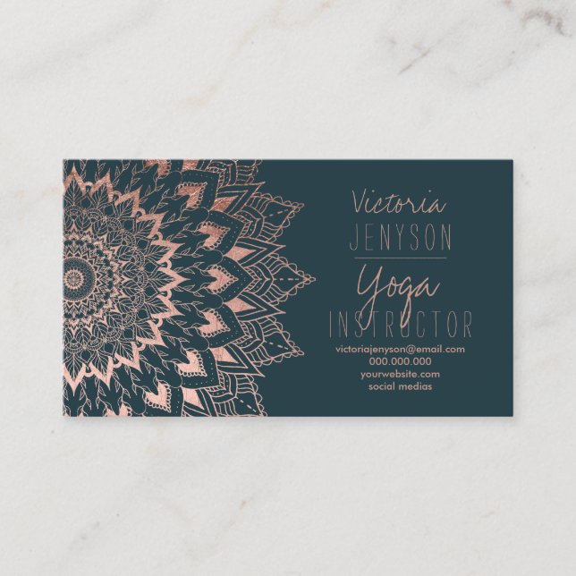 Rose gold floral mandala green yoga instructor business card (Front)