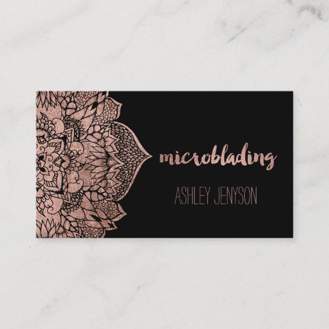 Rose gold floral mandala microblading typography business card (Front)