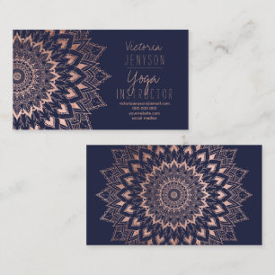 Rose gold floral mandala navy blue yoga instructor business card