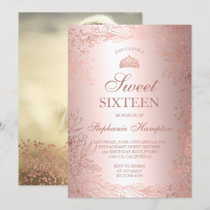 Rose gold floral metallic Tiara chic Sweet 16 Invitation