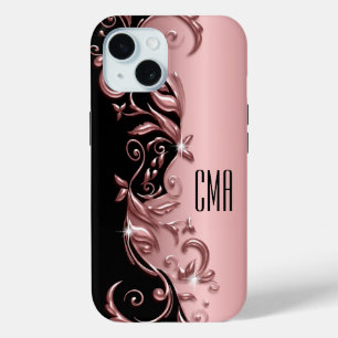 Rose Gold Floral - Monogram iPhone 15 Case