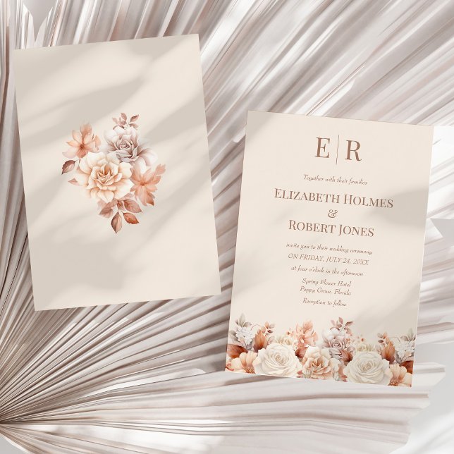 Rose Gold Floral Mousse Monogram Wedding  Invitation (Rose Gold Floral Mousse Monogram Wedding Invitation on a sunny neutral dry palm leaf.)