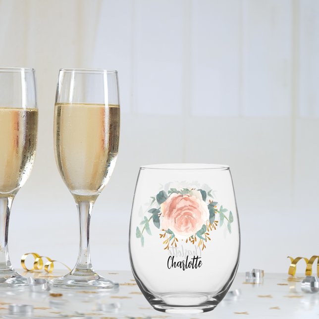 Rose gold floral name script stemless wine glass (Creator Uploaded)