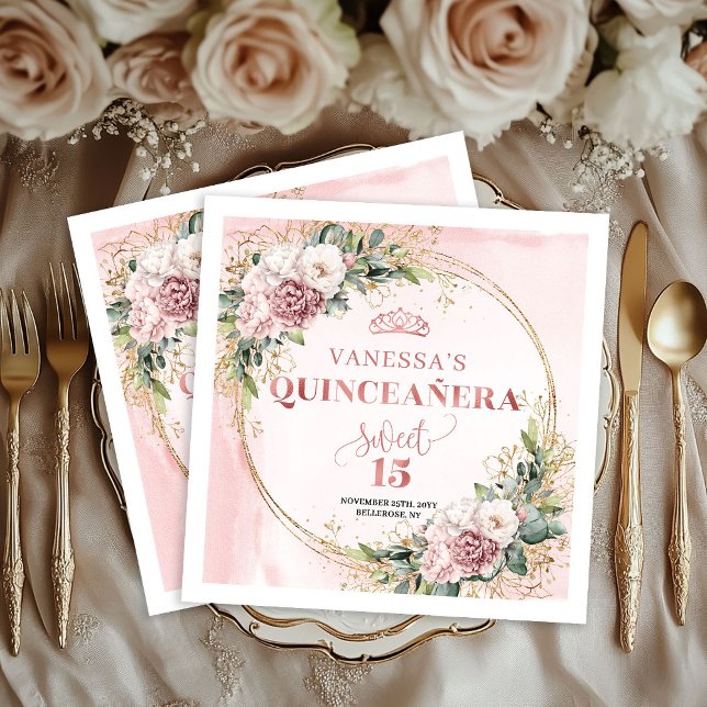 Rose Gold Floral Napkins for Sweet 15 Celebration (Rose Gold Floral Napkins for Sweet 15 Celebration)