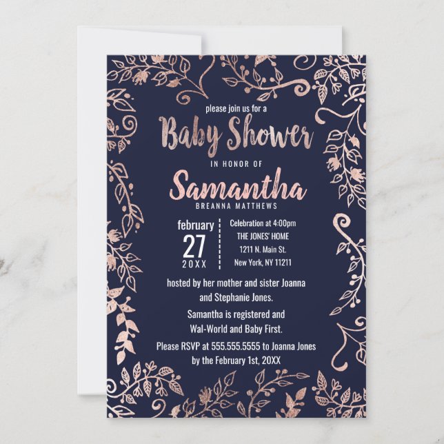 Rose Gold Floral Navy Blue Brush Baby Shower Invitation (Front)
