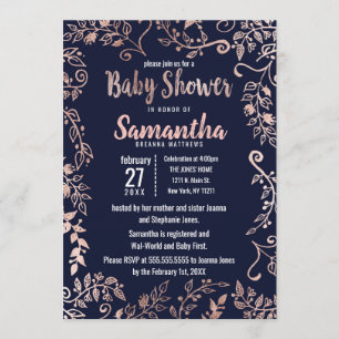 Rose Gold Floral Navy Blue Brush Baby Shower Invitation