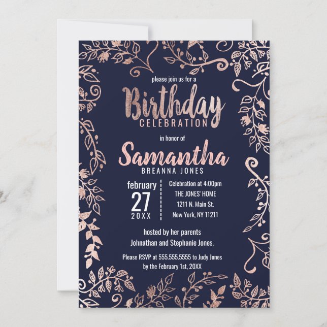 Rose Gold Floral Navy Blue Brush Script Birthday Invitation (Front)