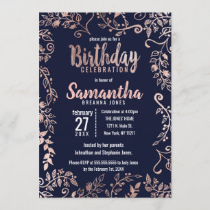 Rose Gold Floral Navy Blue Brush Script Birthday Invitation