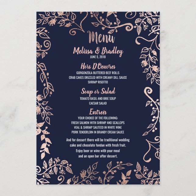Rose Gold Floral Navy Blue Brush Script Menu (Front)