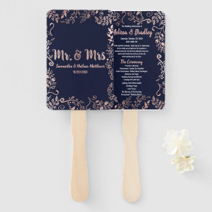 Rose Gold Floral Navy Blue Brush Script Program Hand Fan