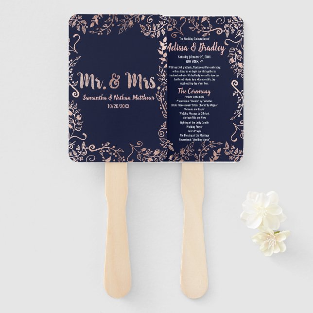Rose Gold Floral Navy Blue Brush Script Program Hand Fan (Front and Back)
