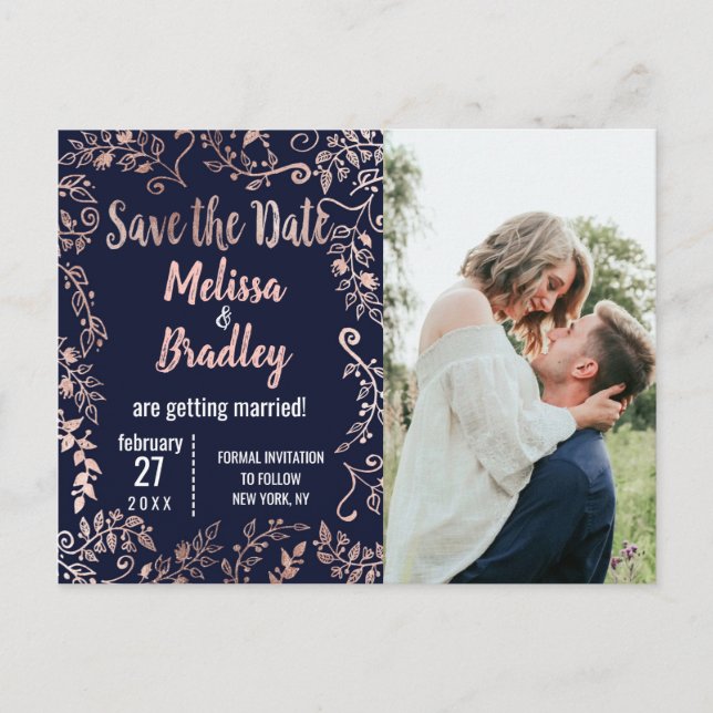 Rose Gold Floral Navy Blue Brush Script Save Date Announcement Postcard (Front)