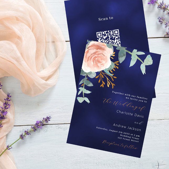 Rose gold floral navy blue QR code RSVP wedding Invitation (Creator Uploaded)