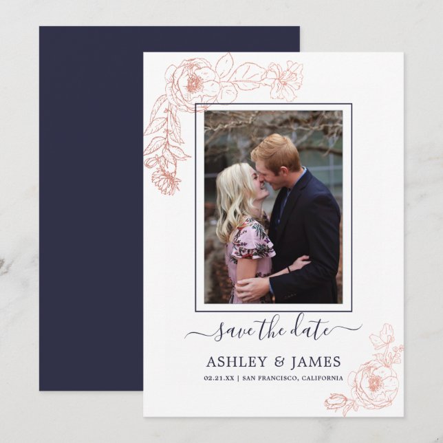 Rose Gold Floral Navy Photo Wedding Save The Date Invitation (Front/Back)