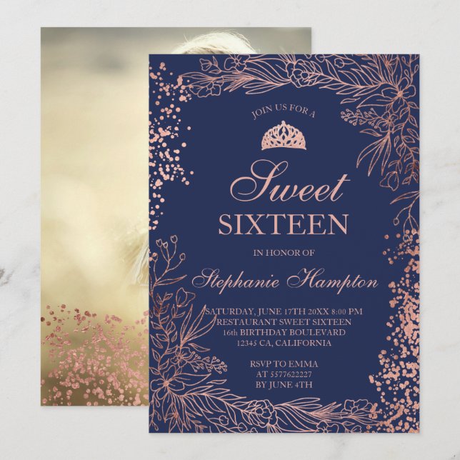 Rose gold floral navy Tiara chic Sweet 16 Invitation (Front/Back)