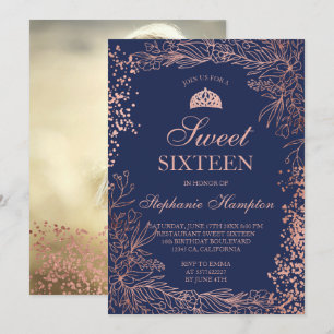 Rose gold floral navy Tiara chic Sweet 16 Invitation